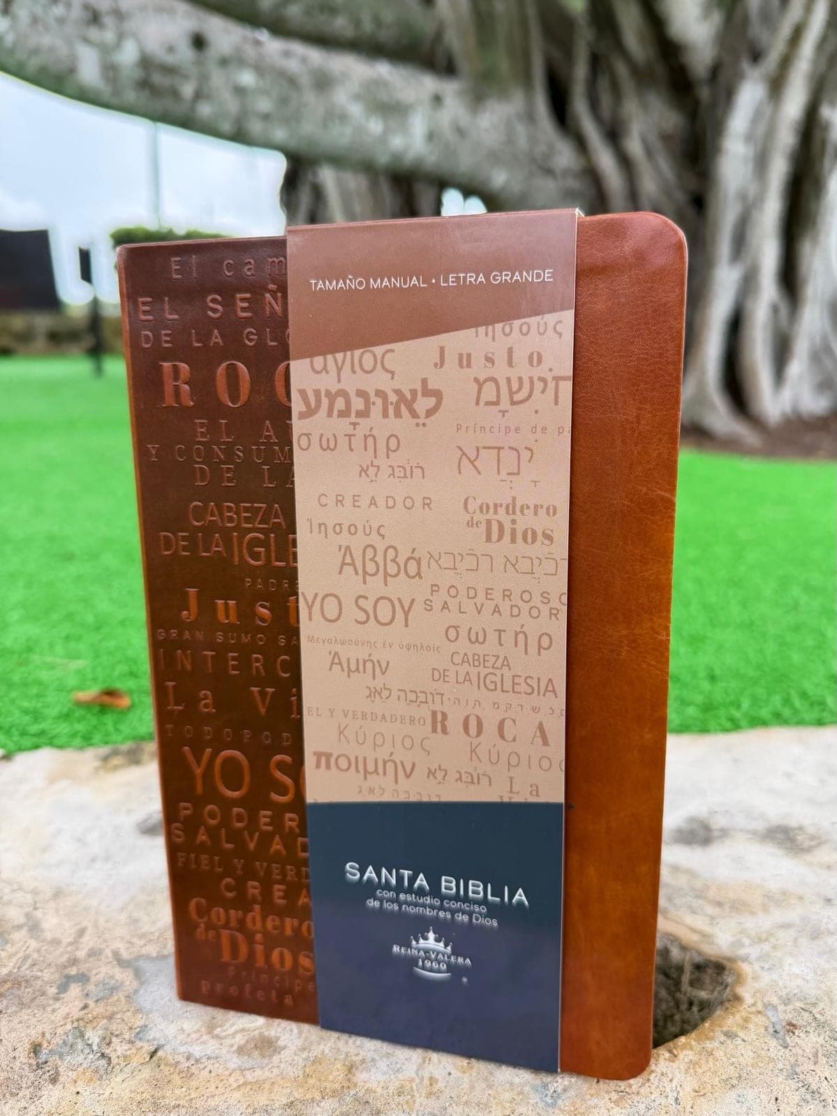 Santa Biblia marrón con los nombres de Dios grabados en la cubierta